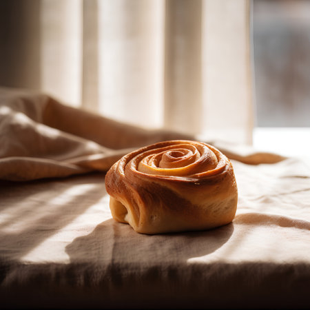Freshly baked buns on the table in the morning sunlight.の素材