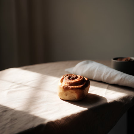 Cinnamon rolls on a table in the morning light. Selective focus.の素材