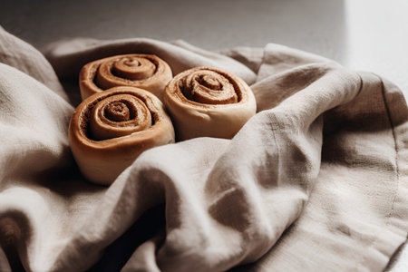 Freshly baked cinnamon rolls on a linen napkin, selective focusの素材