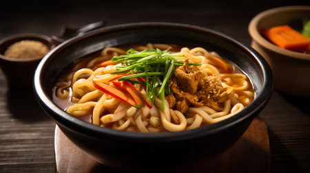 japanese udon noodles with pork and vegetables on wooden backgroundの素材