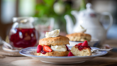 Homemade scones with strawberries and whipped cream. Selective focus.の素材