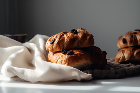 Freshly baked croissants with raisins on a white table. Selective focus.の素材