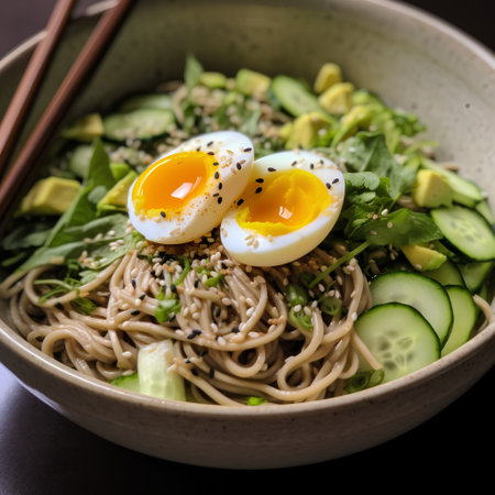 Bowl of asian noodle with egg, cucumber and sesame seedsの素材