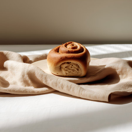 Freshly baked cinnamon roll with rose on linen napkin on white background.の素材