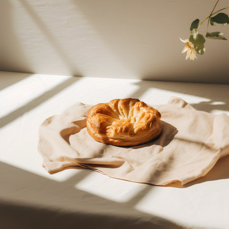 Homemade croissant on linen napkin in sunlight. Breakfast concept.の素材