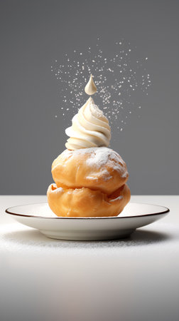 Cream puff with icing sugar on a plate on a gray backgroundの素材