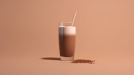 Iced chocolate drink in glass with straw on brown background. 3d renderingの素材