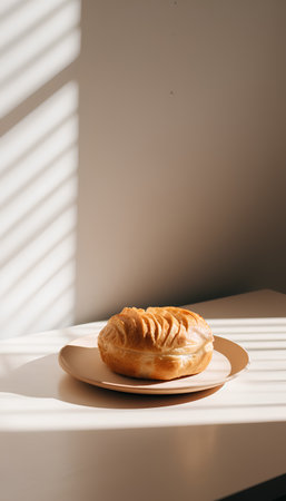 Freshly baked croissant on a plate on a white table in sunlight.の素材