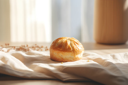 Homemade bread on the bed in the morning. Selective focus.の素材