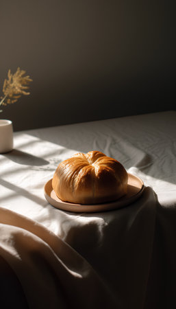 Croissant on a plate on the bed in the morning sunlightの素材