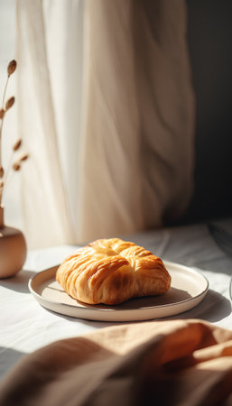 Croissant on a plate in the morning sunlight. Selective focus.の素材