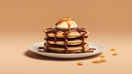 Pancakes with chocolate syrup and caramel sauce. 3d illustrationの素材