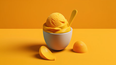 Mango ice cream in a cup on a yellow background. 3d renderingの素材