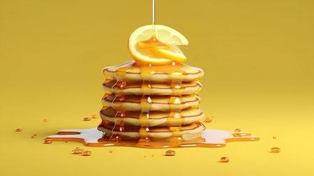 Pancakes with honey on a yellow background. 3d renderingの素材