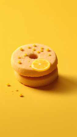 Creative layout made of tasty cookies with orange on yellow background. Minimal food concept.の素材
