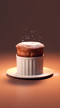 Chocolate muffin with sugar powder on a brown background. 3d renderingの素材