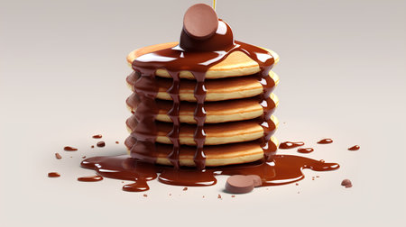 Pancakes with chocolate syrup. 3d render illustration on gray backgroundの素材