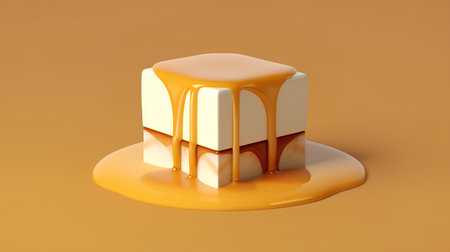 3d render of melting caramel on a yellow background. Sweet dessert.の素材