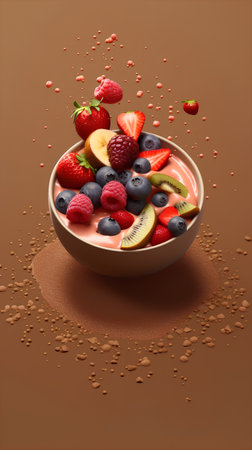 Bowl with fresh berries and smoothie on brown background. 3d illustrationの素材