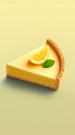 Slice of lemon cake on yellow background. 3d illustration.の素材