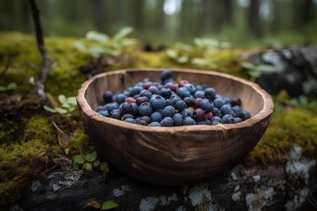 Ripe blueberries in a wooden bowl on a mossy forest floorの素材