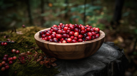 Cranberries in a wooden bowl on a stump in the forestの素材