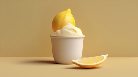 Lemon ice cream in a paper cup on a yellow background. 3d renderingの素材