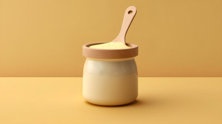 3d render of a bottle of baby milk with wooden spoon on yellow backgroundの素材