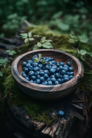 Fresh blueberries in a wooden bowl on a mossy stump in the forestの素材