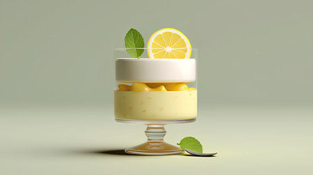 Creamy dessert with lemon and mint in a glass. 3d illustrationの素材