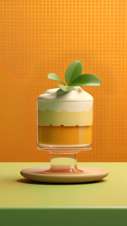 Pudding with cream and mint in a glass cup. 3d illustrationの素材