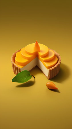 Mango tartlet on yellow background. 3d illustration. Minimal style.の素材