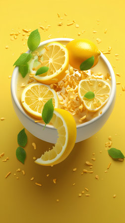 Lemon and mint in bowl on yellow background. 3d illustrationの素材
