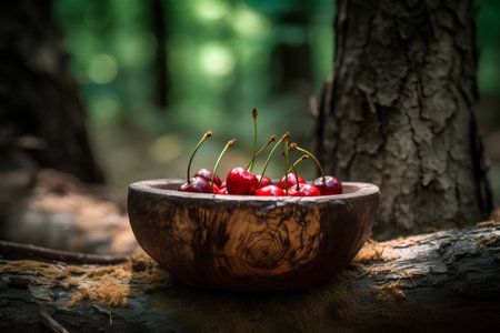 Fresh cherries in a wooden bowl on a background of the forestの素材