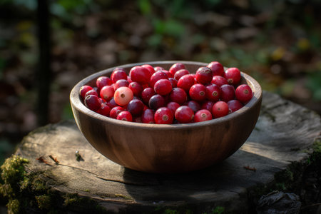 Cranberries in a wooden bowl on a stump in the forestの素材