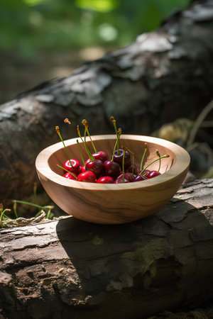 Fresh cherries in a wooden bowl on a log in the forestの素材