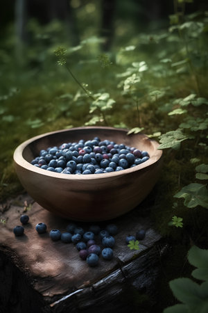 Fresh blueberries in a wooden bowl on a stump in the forestの素材