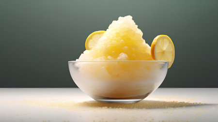 Ice cream with lemon slices in a glass bowl on a green background.の素材