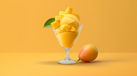 Mango fruit in a glass on a yellow background. 3d illustrationの素材