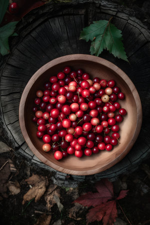 Cranberries in a wooden bowl on a stump in the forestの素材