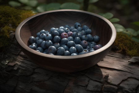 Blueberries in a wooden bowl on an old log in the forestの素材