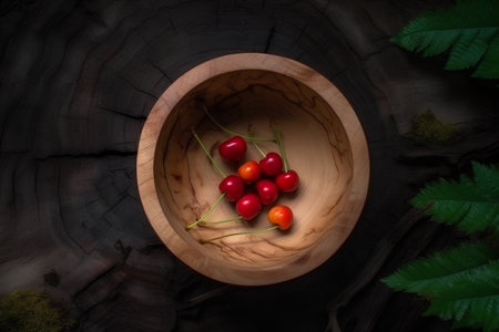Cherries in a wooden bowl on a background of wood.の素材