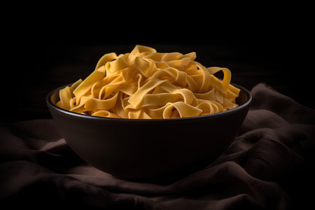 Raw Tagliatelle Pasta in a bowl on dark backgroundの素材