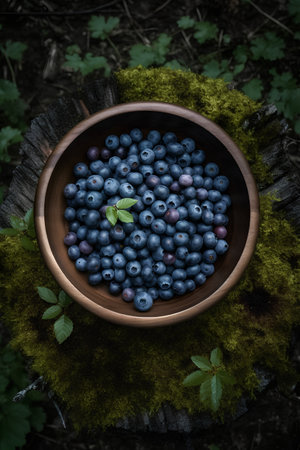 Blueberries in a wooden bowl on mossy background, top viewの素材