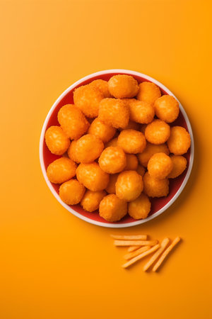 Crispy fried chicken nuggets in red bowl on orange backgroundの素材