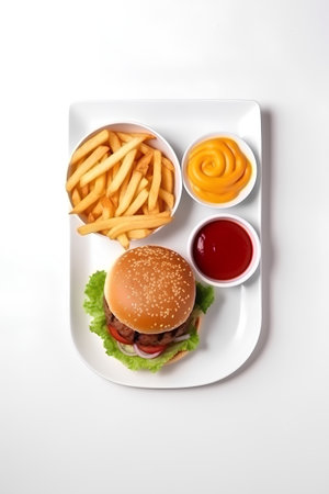 Hamburger with french fries and ketchup on a white backgroundの素材