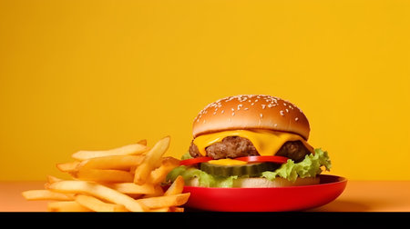 Big hamburger and french fries on orange background with copyspaceの素材