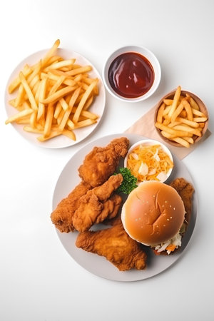 Fast food. Fried chicken, french fries and hamburger on white backgroundの素材