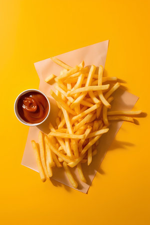 Golden French fries potatoes with ketchup on yellow background, top viewの素材