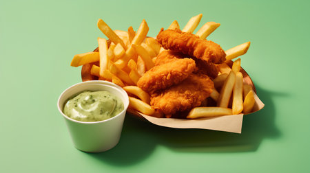 Fish and chips with green sauce on a green background. Fast food.の素材